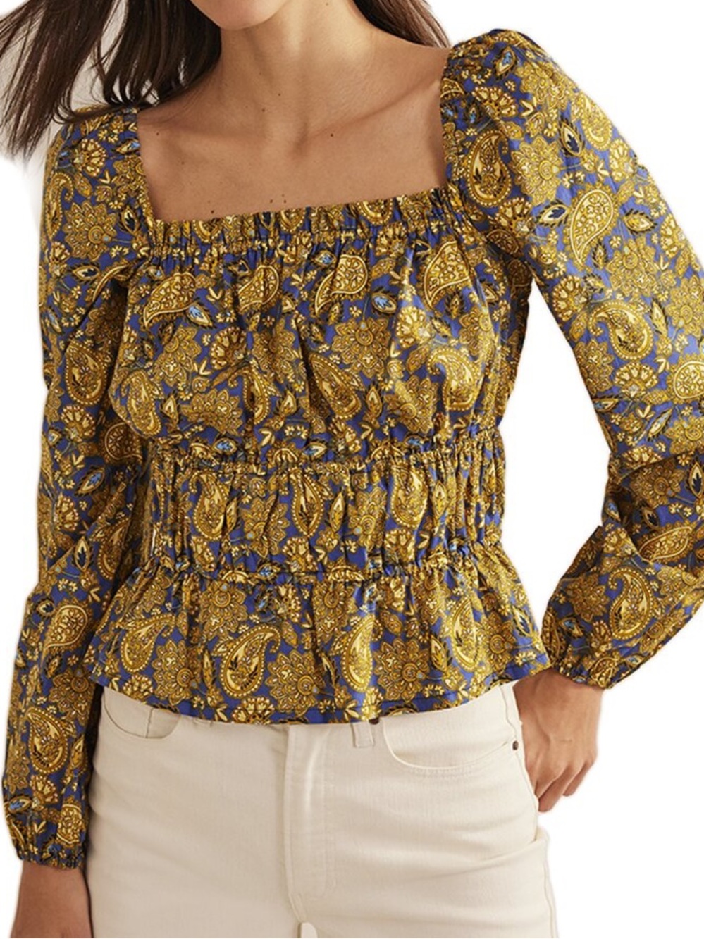 Boden ruched waist peplum top Yellow and Blue Paisley Smocked Square-Neck Blouse